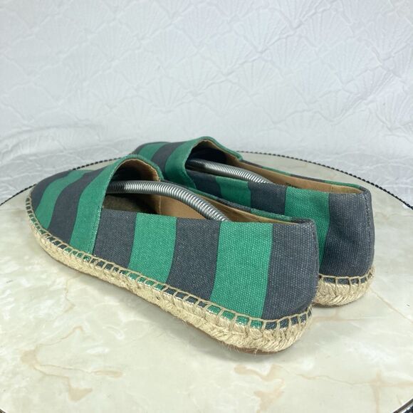 J. Crew Slip On Espadrille Flat Shoes 8 Navy Blue Green Striped Canvas Loafers - Picture 7 of 13